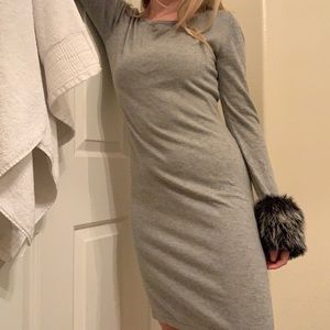 Fur cuff grey midi dress